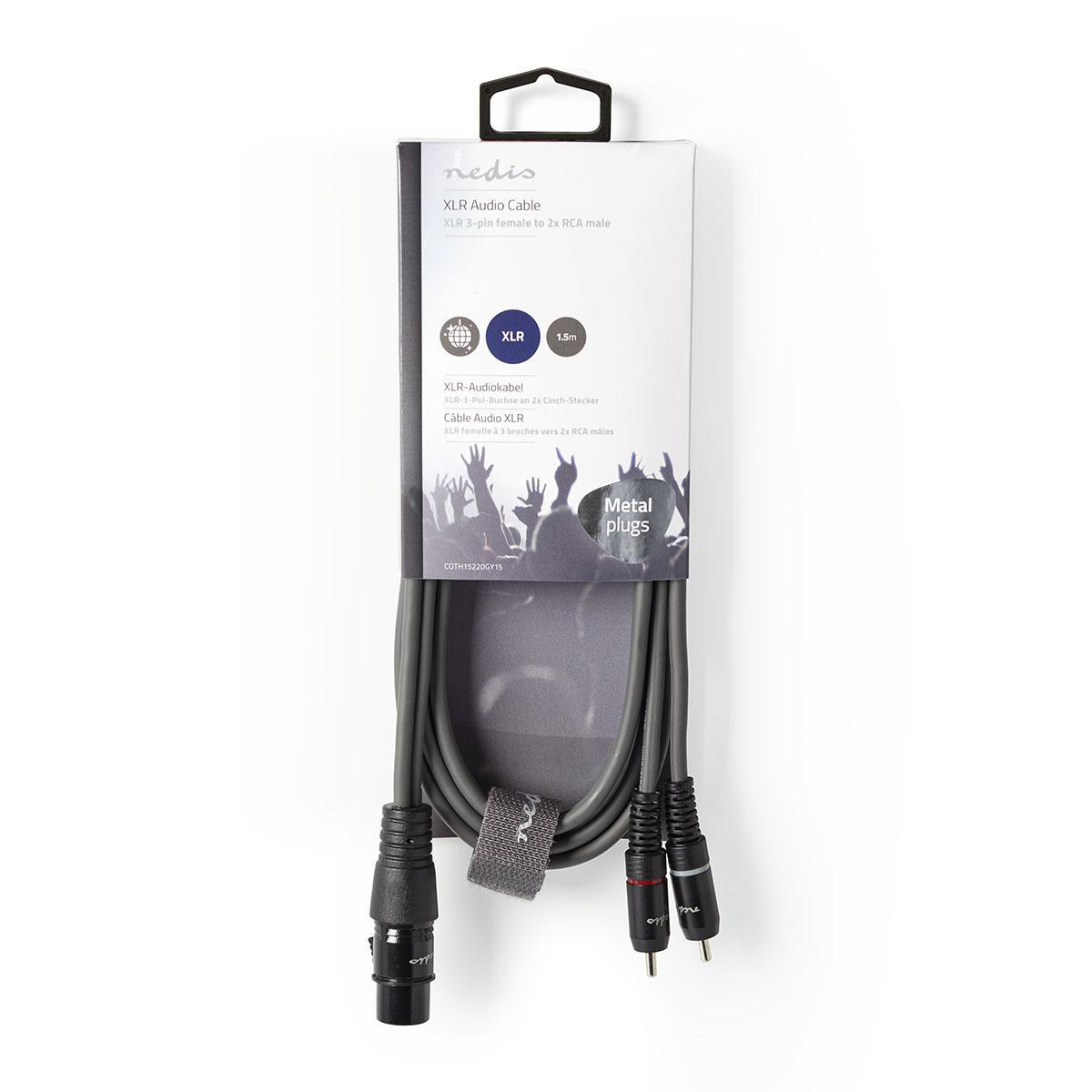 XLR-Audiokabel | XLR 3-pins female - 2x RCA male | 1,5 m | Grijs - Afbeelding 3