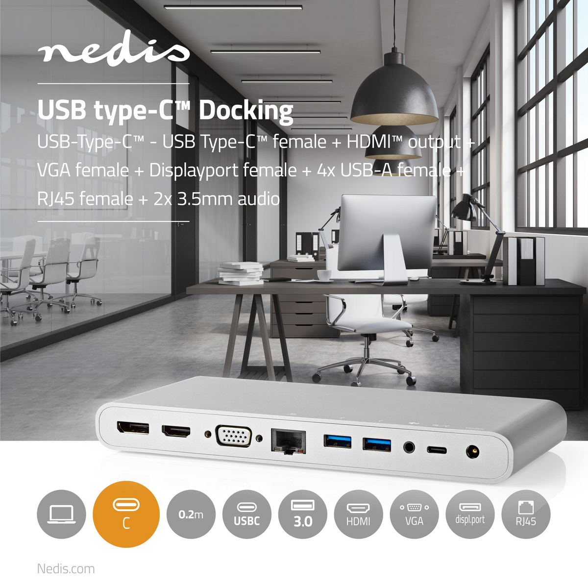 USB Type-C Multi Docking | Type-C Male - 4x USB 3.0 A Female + HDMI-uitgang + VGA Female + DisplayPort Female + RJ45 (8P8C) Female + USB Type-C Female | 0,2 m | Aluminium - Afbeelding 2