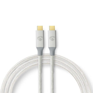 USB-Kabel | USB 3.2 Gen 2x2 | USB Type-C Male | USB Type-C Male | 20 Gbps | 100 W | Verguld | 2.00 m | Rond | Gebreid / Nylon | Zilver | Cover Window Box