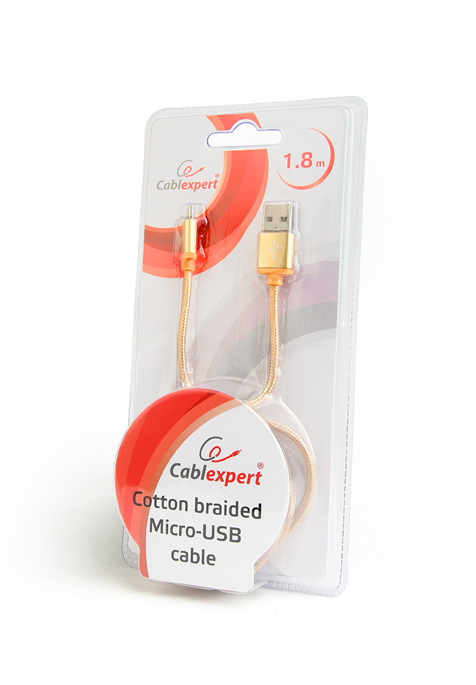 Micro-USB kabel katoen, 1.8 meter goud, Blister