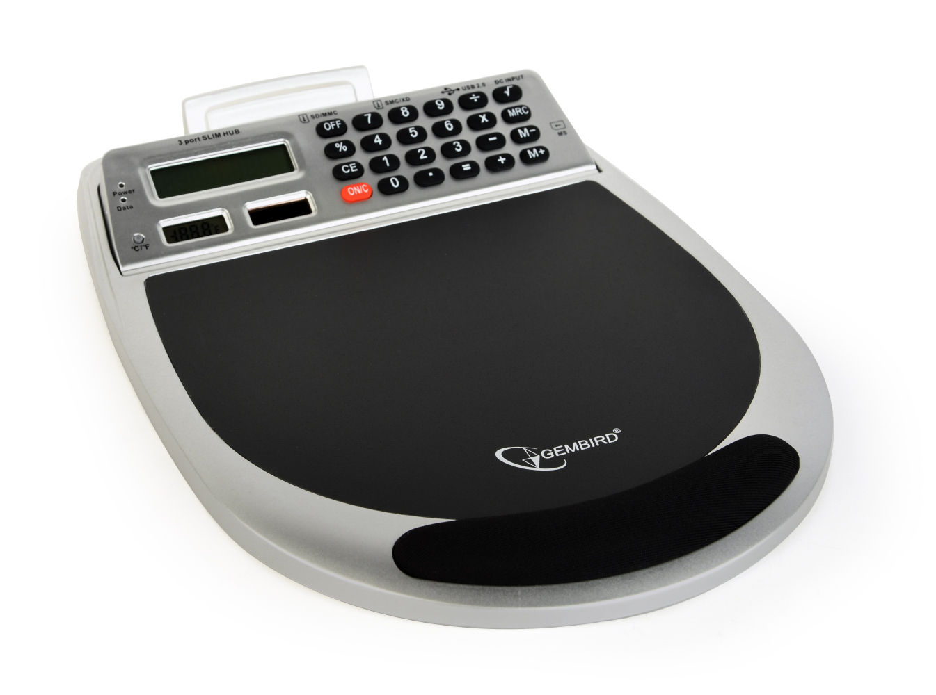 USB muismat met ingebouwde 3-poort hub, geheugenkaart lezer, calculator en thermometer afbeelding