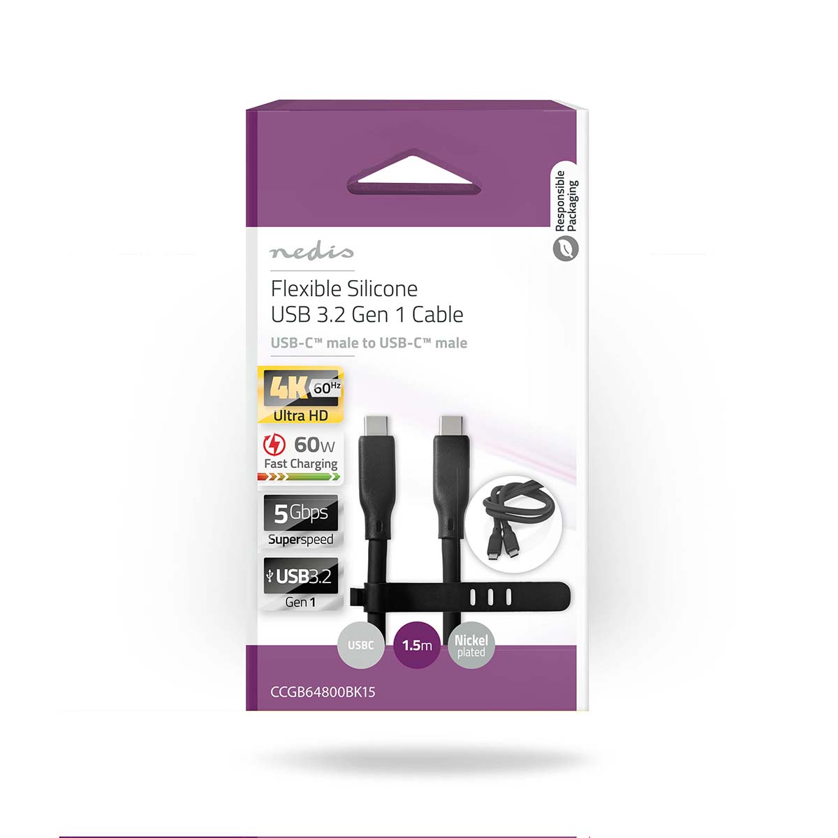 USB-Kabel | USB 3.2 Gen 1 | USB-C Male | USB-C Male | 60 W | 8K@30Hz | 5 Gbps | Vernikkeld | 1.50 m | Rond | Silicone | Zwart - Afbeelding 6