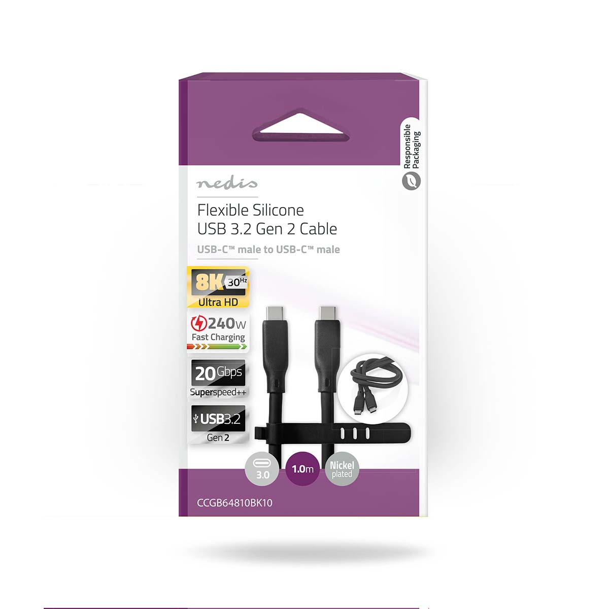 USB-Kabel | USB 3.2 Gen 2 | USB-C Male | USB-C Male | 240 W | 8K@30Hz | 20 Gbps | Vernikkeld | 1.00 m | Rond | Silicone | Zwart - Afbeelding 6