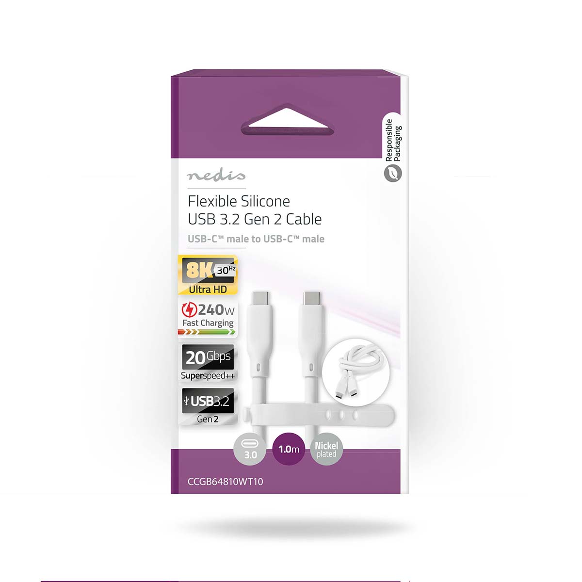 USB-Kabel | USB 3.2 Gen 2 | USB-C Male | USB-C Male | 240 W | 8K@30Hz | 20 Gbps | Vernikkeld | 1.00 m | Rond | Silicone | Wit - Afbeelding 6