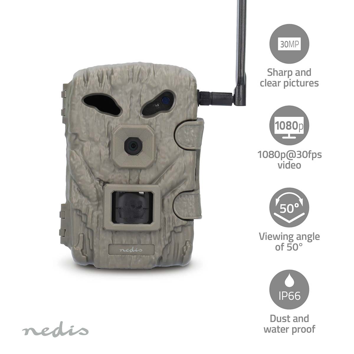 Wildcamera | 1080p@30fps | 30.0 MPixel | 2 MPixel CMOS | IP66 | Zwart No-Glow IR | Nachtzicht | Kijkhoek: 50 ° | Bewegingssensor | Detectiehoek: 50 ° | Detectiebereik: 20 m | LCD-Scherm | Groen