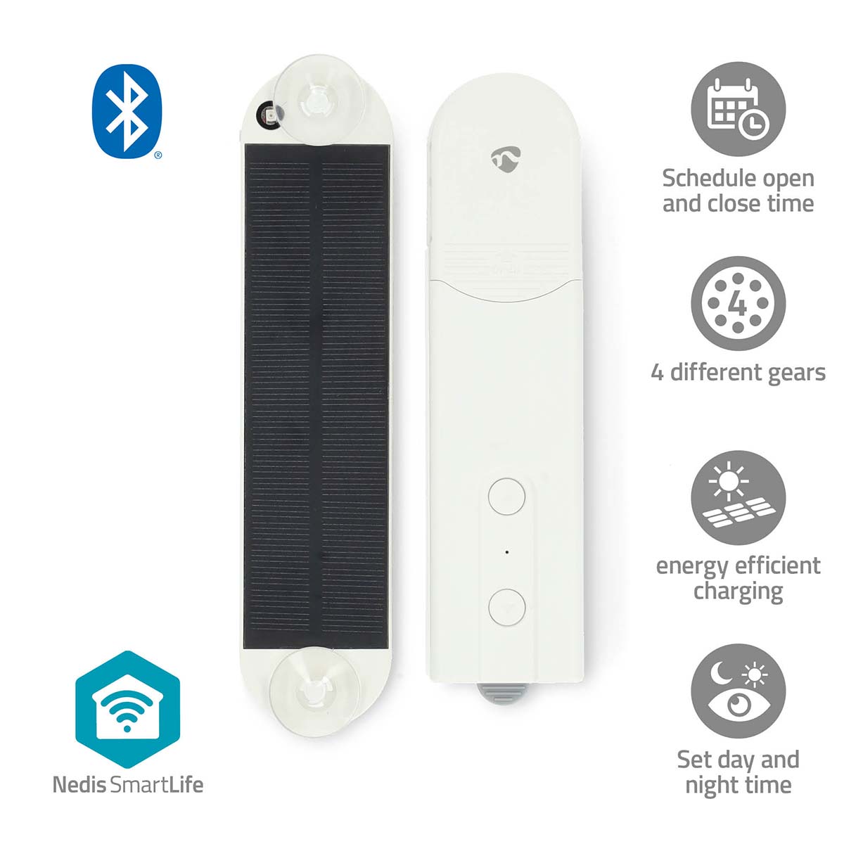 SmartLife Gordijnrobot | Kabelsysteem | Paneelgordijnen / Rolgordijnen / Vouwgordijnen | Solar Powered / USB Gevoed | 2000 mAh | Bluetooth® | Wit