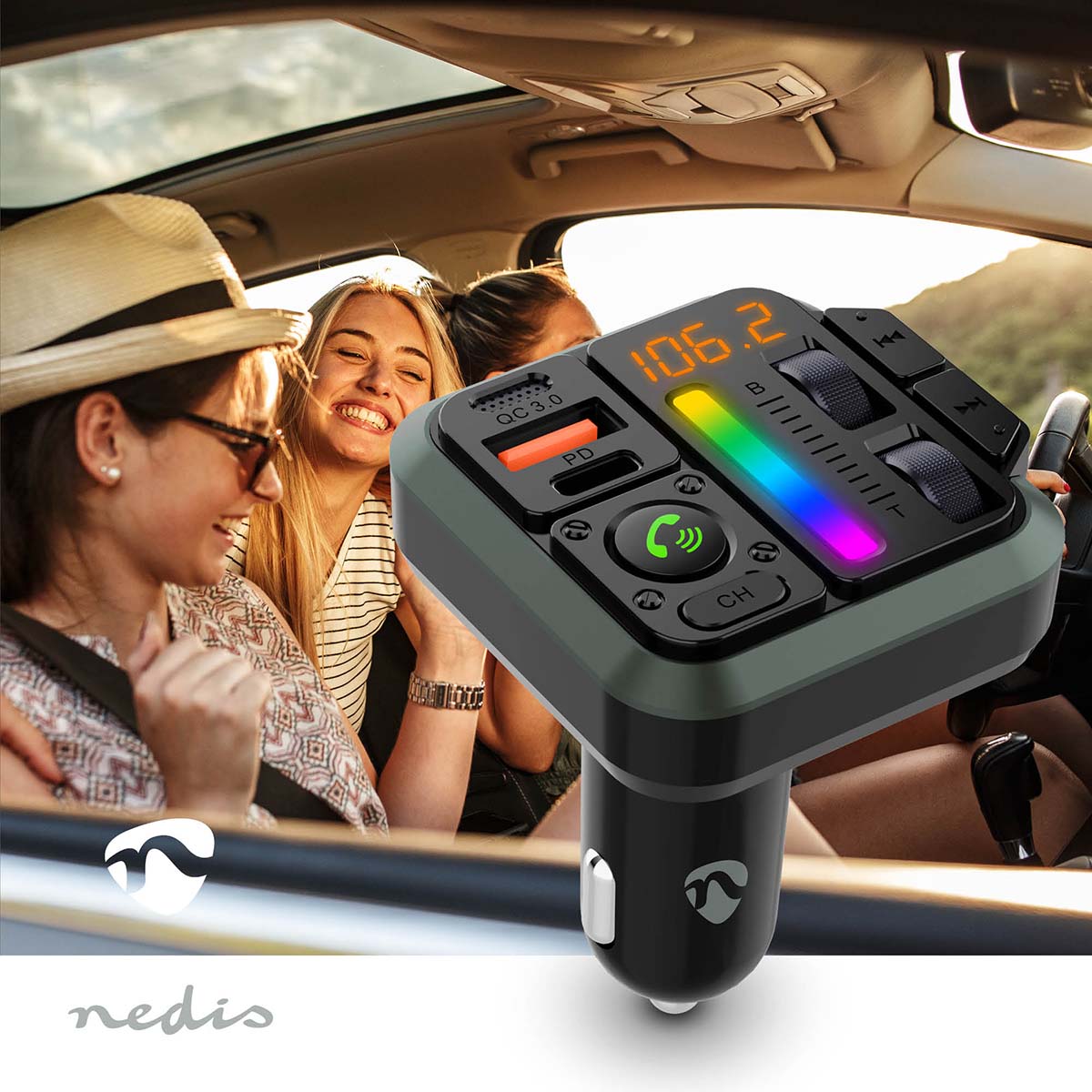 FM-Audiotransmitter voor Auto | Gefixeerd | Handsfree bellen | 1 " | Amber-Scherm | Bluetooth® | PD 18 W / PD 24 W | Snelladen | Bass boost | Google Assistant / Siri | Zwart - Afbeelding 2