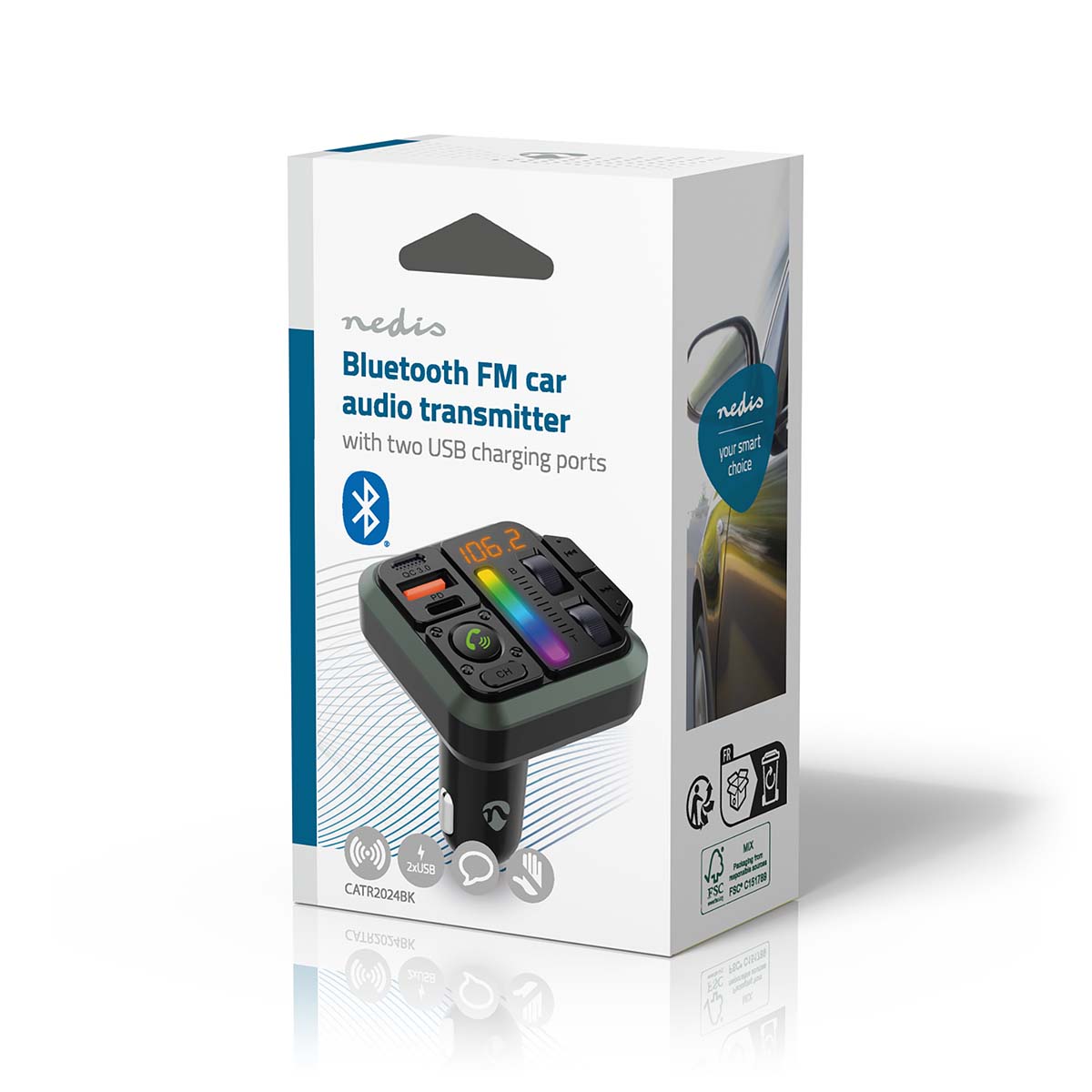 FM-Audiotransmitter voor Auto | Gefixeerd | Handsfree bellen | 1 " | Amber-Scherm | Bluetooth® | PD 18 W / PD 24 W | Snelladen | Bass boost | Google Assistant / Siri | Zwart - Afbeelding 7