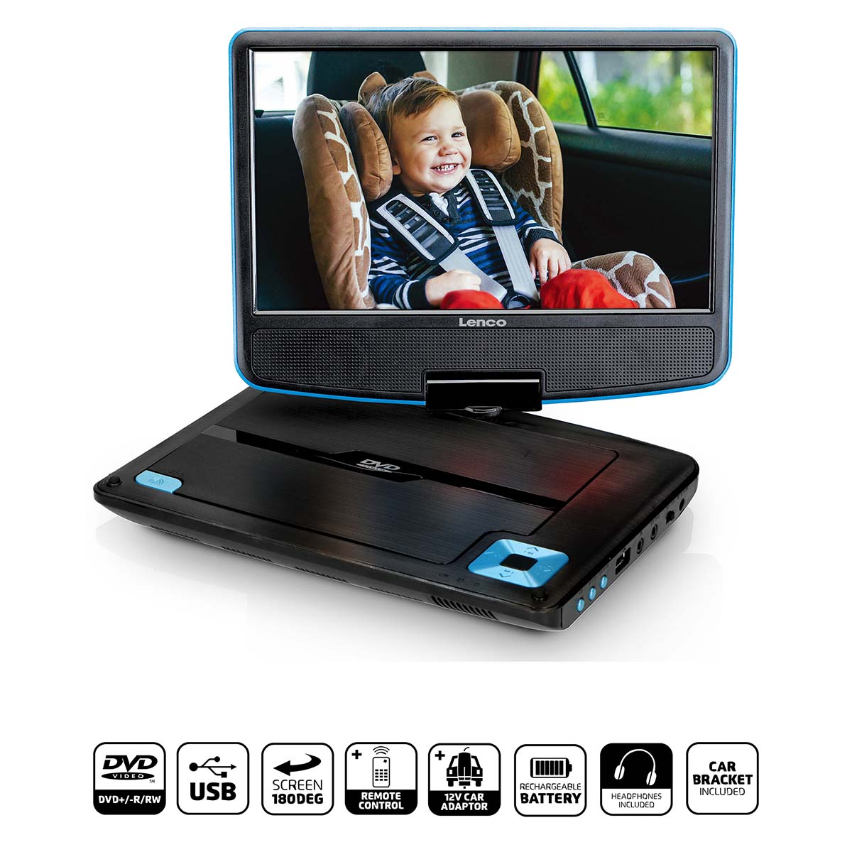 Draagbare 9" DVD-speler met USB-koptelefoon en montagebeugel Blauw / Zwart