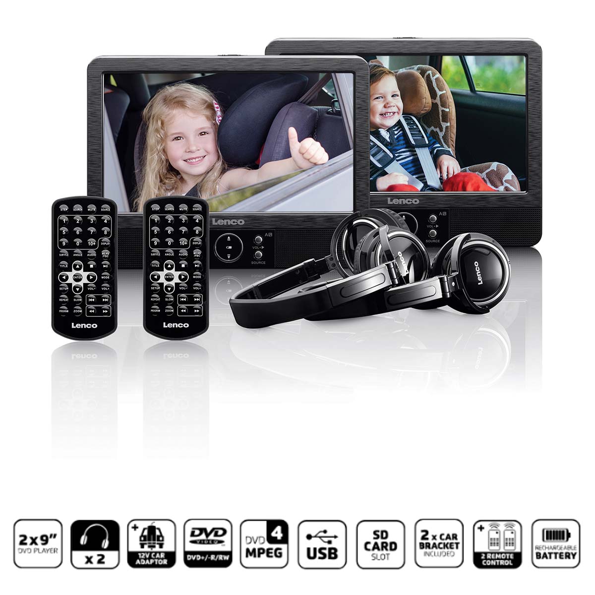2x 9" draagbare DVD-speler met USB SD ingebouwde batterij hoofdtelefoon en beugel Zwart