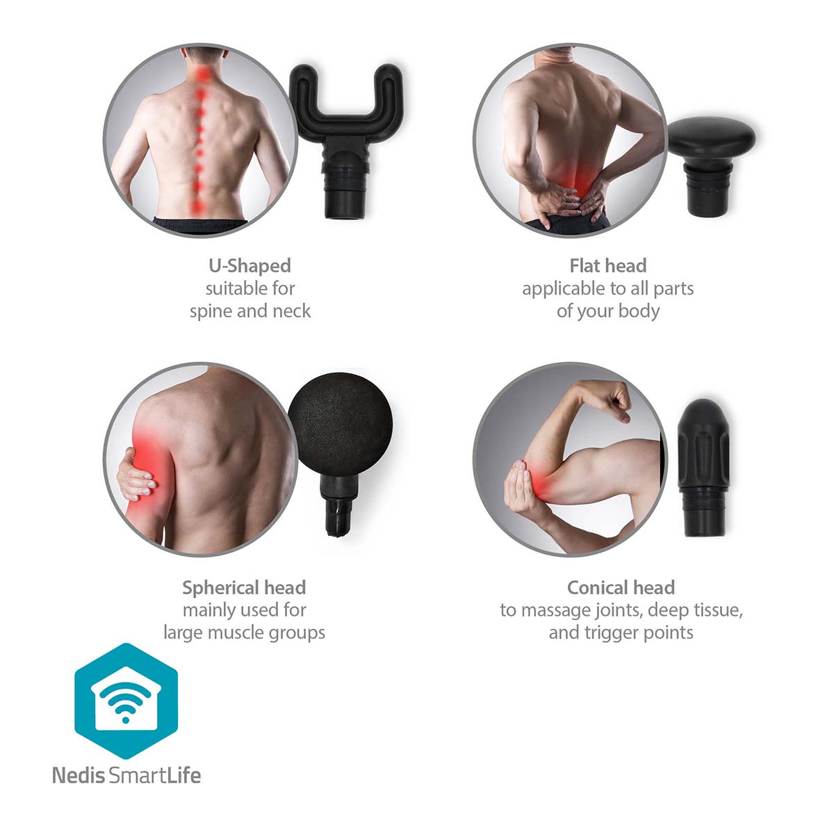 SmartLife Sportmassagepistool | Accu gevoed | Ingebouwde Lithium-Ion | Oplaadbaar | 5 Massage Modes | Bolvormige kop / Conische kop / Platte kop / Tasje / U-vormige kop | Donkergrijs - Afbeelding 14
