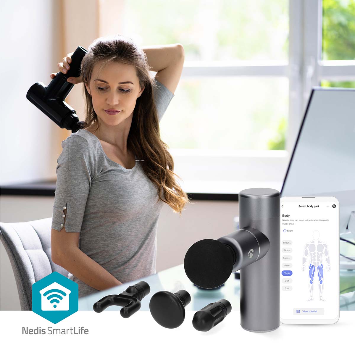 SmartLife Sportmassagepistool | Accu gevoed | Ingebouwde Lithium-Ion | Oplaadbaar | 5 Massage Modes | Bolvormige kop / Conische kop / Platte kop / Tasje / U-vormige kop | Donkergrijs - Afbeelding 2