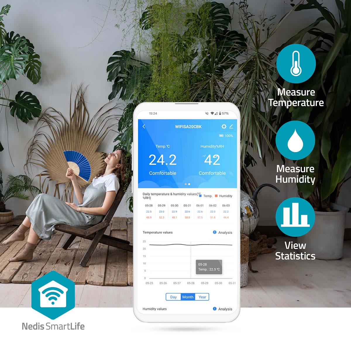 SmartLife Luchtkwaliteitsmonitor | Wi-Fi | Inclusief display | Koolstofdioxide (CO2) / Temperatuur / Vochtigheid | Android™ / IOS | Wit / Zwart - Afbeelding 11