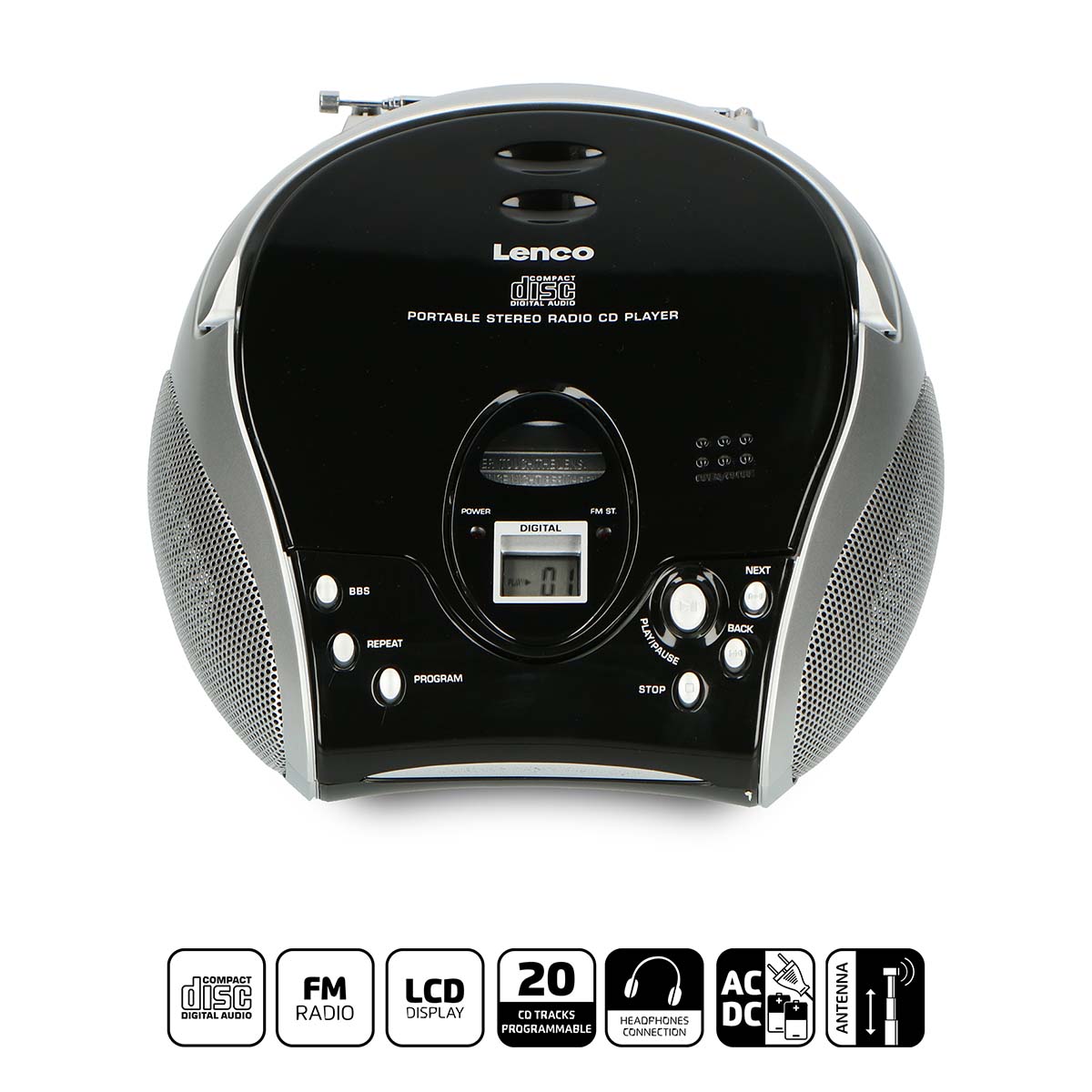Draagbare stereo FM-radio met CD-speler Zwart/zilver