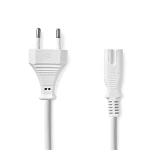 Stroomkabel | Euro Male | IEC-320-C7 | Recht | Recht | Vernikkeld | 2.00 m | Plat | PVC | Wit | Label