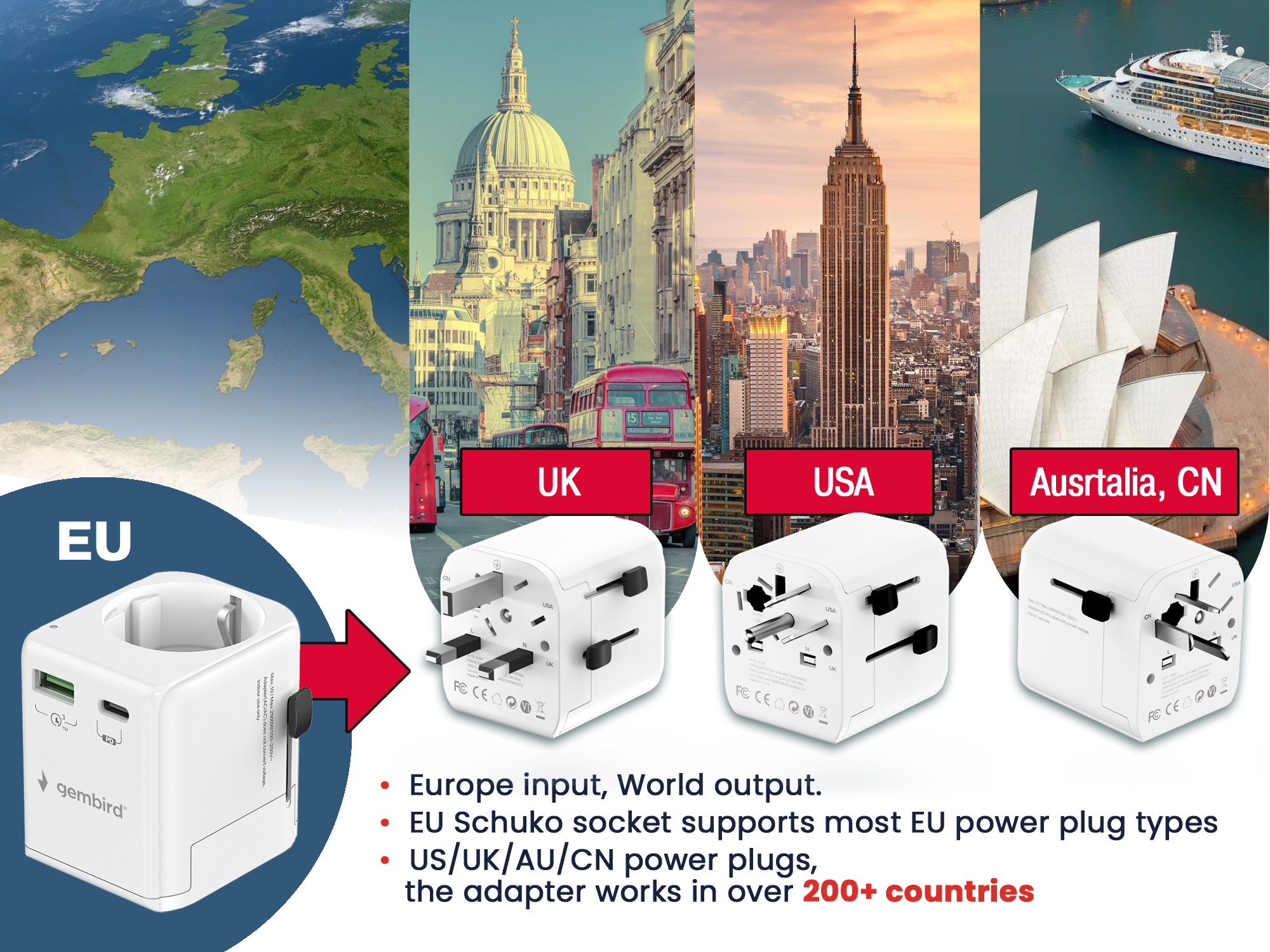 Geaarde universele reisstekker met USB lader, 20 W, wit - Afbeelding 2