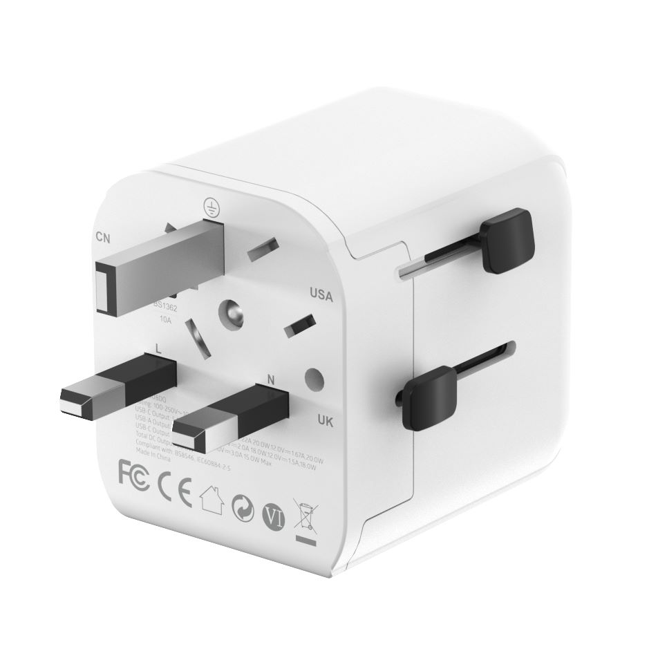 Geaarde universele reisstekker met USB lader, 20 W, wit - Afbeelding 6