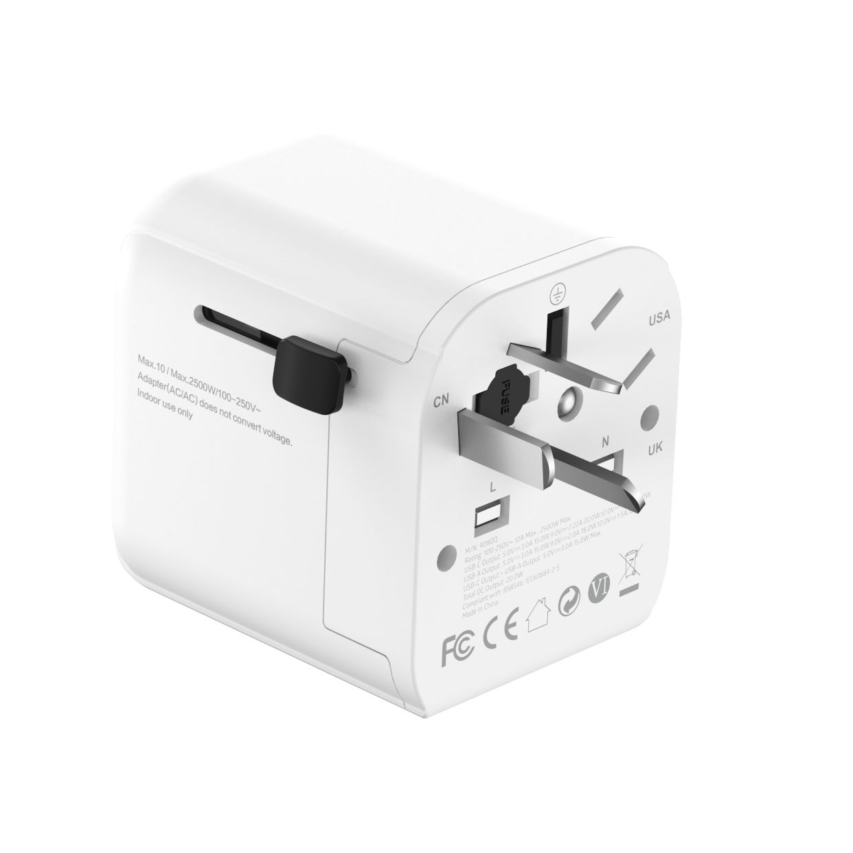 Geaarde universele reisstekker met USB lader, 20 W, wit - Afbeelding 8