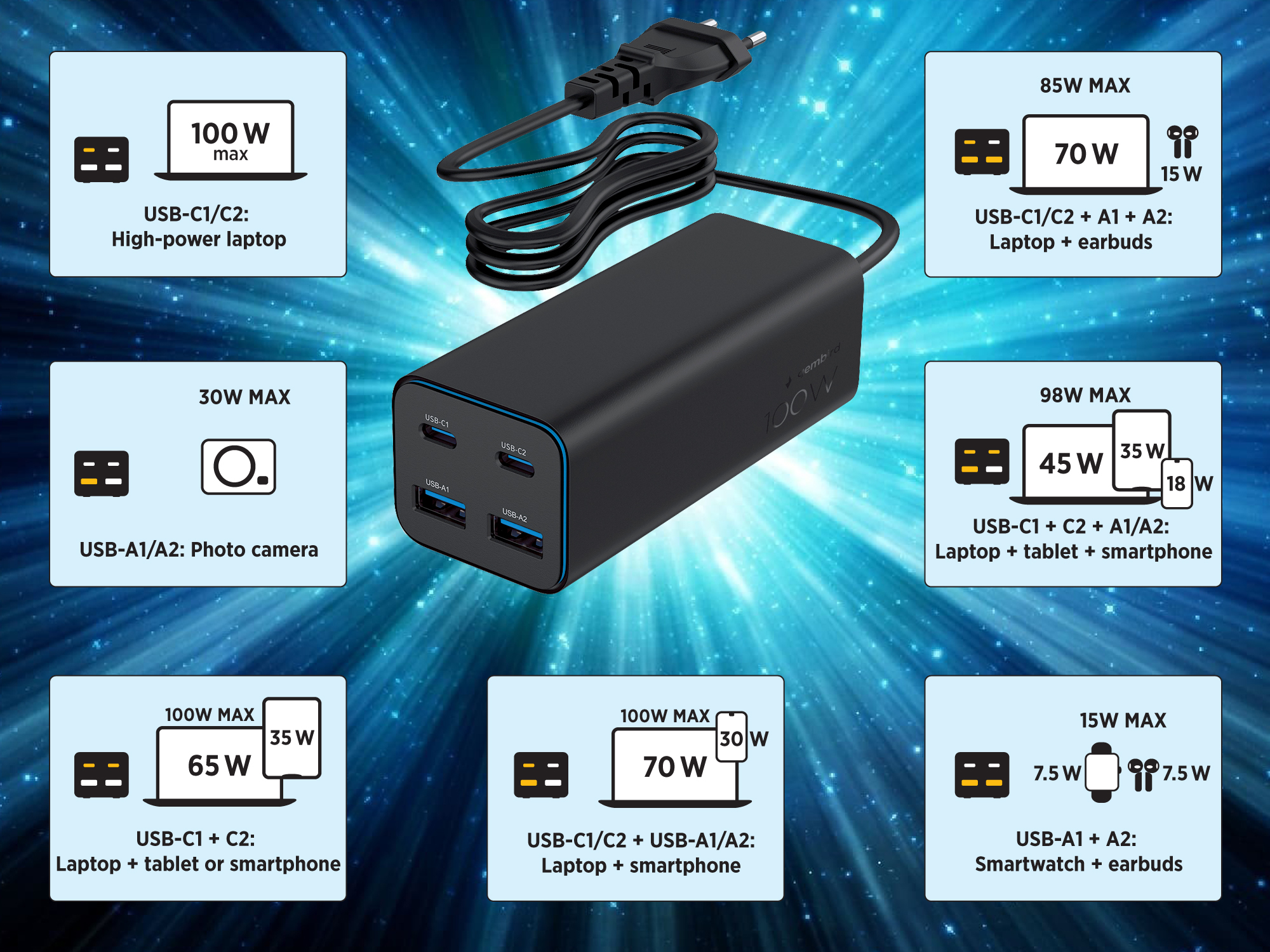 USB snellader 2xA, 2xC 100W Power Delivery zwart - Afbeelding 7