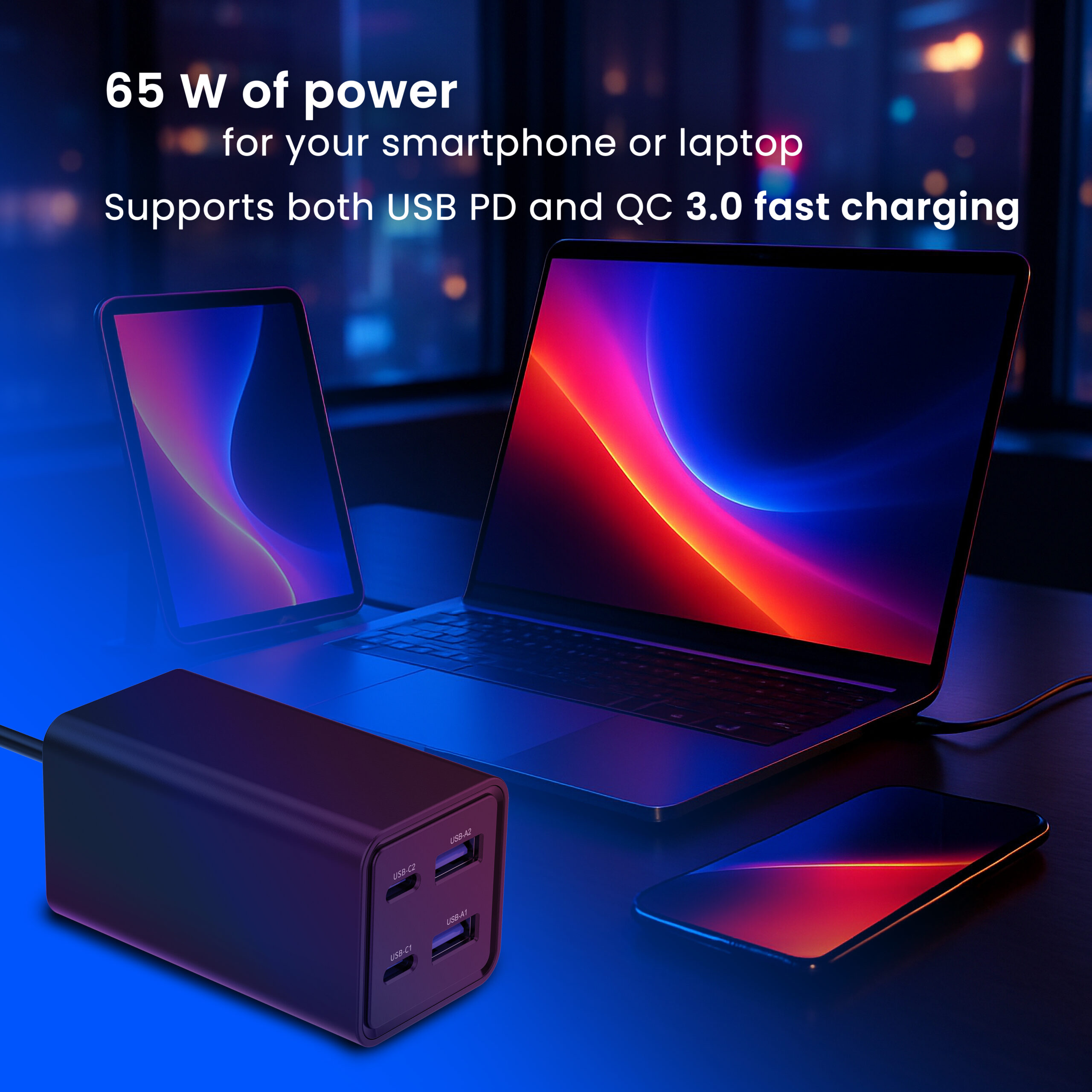 USB snellader 2xA, 2xC 65W Power Delivery zwart - Afbeelding 7
