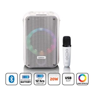 Karaokesysteem met Bluetooth®, oplaadbare batterij, draadloze karaokemicrofoon en disco LED-verlichting Wit