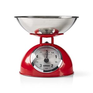 Retro keukenweegschaal | Analoog | Metalen behuizing | Afneembare kom | Max. 5kg | Stapjes van 25 gram | Rood