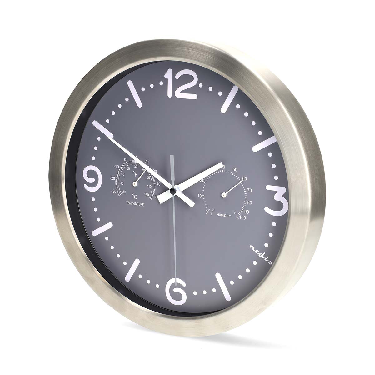 Wandklok | Diameter: 300 mm | Roestvrij Staal | Stille beweging | Thermometer | Hygrometer | Grijs / Metaal - Afbeelding 3