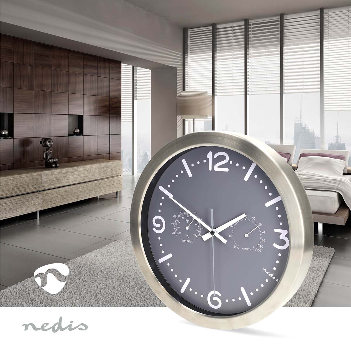 Wandklok | Diameter: 300 mm | Roestvrij Staal | Stille beweging | Thermometer | Hygrometer | Grijs / Metaal - Afbeelding 2