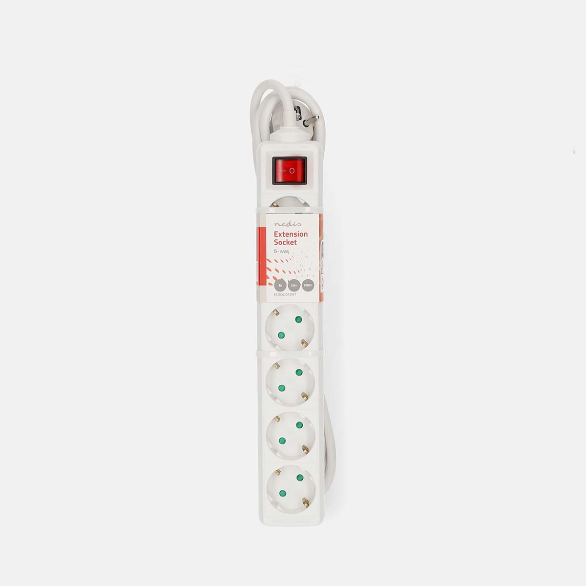 Stekkerdoos | Randaarde stekker / Type F (CEE 7/7) | 6-wegs | 3.00 m | 3680 W | 16 A | Soort aarding: Zijcontacten | 230 V AC 50/60 Hz | Hoek van stopcontact: 45 ° | H05VV-F 3G 1,5 mm² | Aan/uit knop | Wit - Afbeelding 2