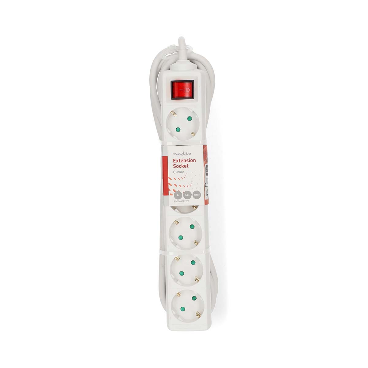 Stekkerdoos | Randaarde stekker / Type F (CEE 7/7) | 6-wegs | 5.00 m | 3680 W | 16 A | Soort aarding: Zijcontacten | 230 V AC 50/60 Hz | Hoek van stopcontact: 45 ° | H05VV-F 3G 1,5 mm² | Aan/uit knop | Wit - Afbeelding 2