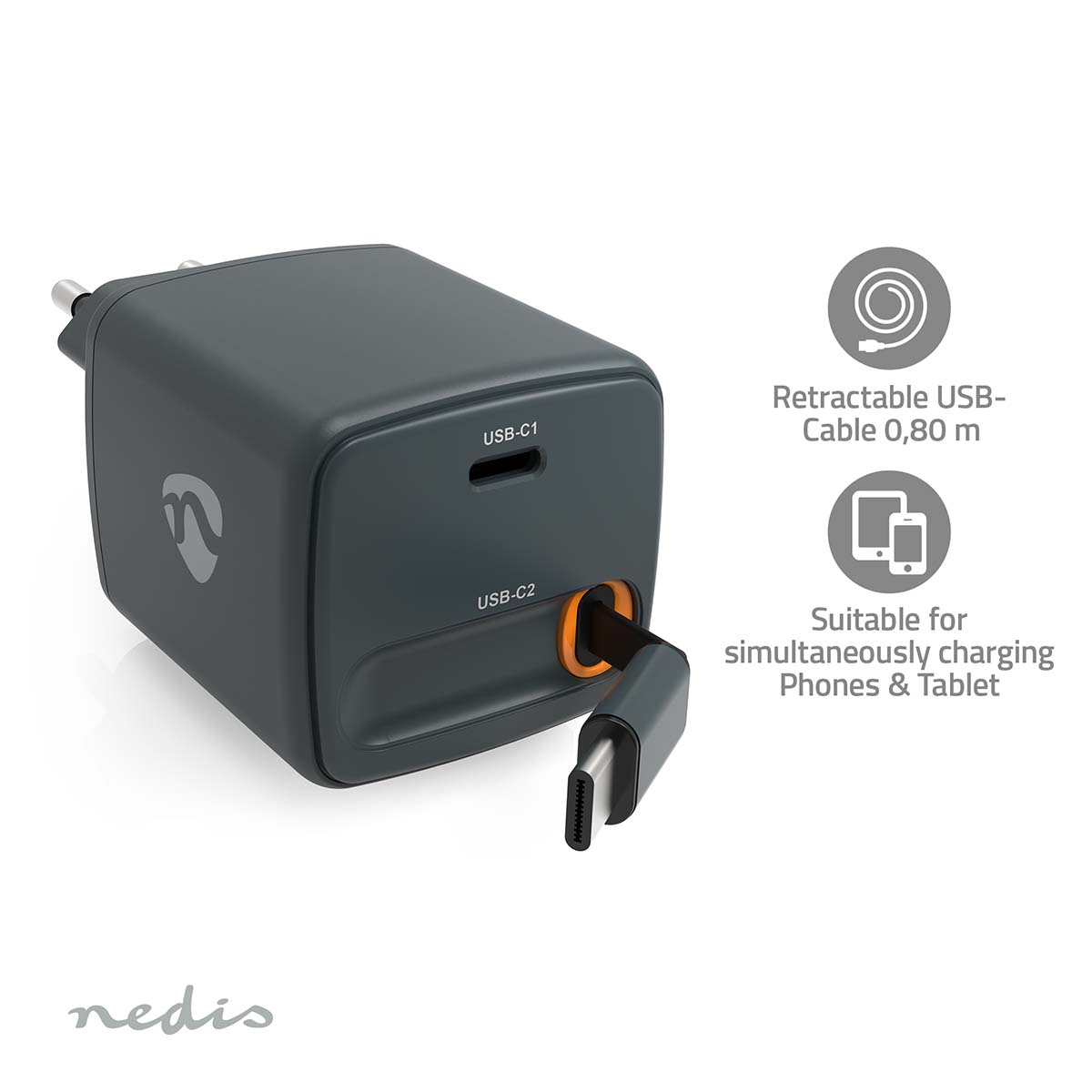 Oplader | Met intrekbare kabel | 30 W | GaN | PD3.0 30W | 1.5 / 2.0 / 2.5 / 3.0 A | Outputs: 1 | USB-C™ | USB-C™ intrekbare kabel | 0.75 m | Automatische Voltage Selectie | Zwart - Afbeelding 4