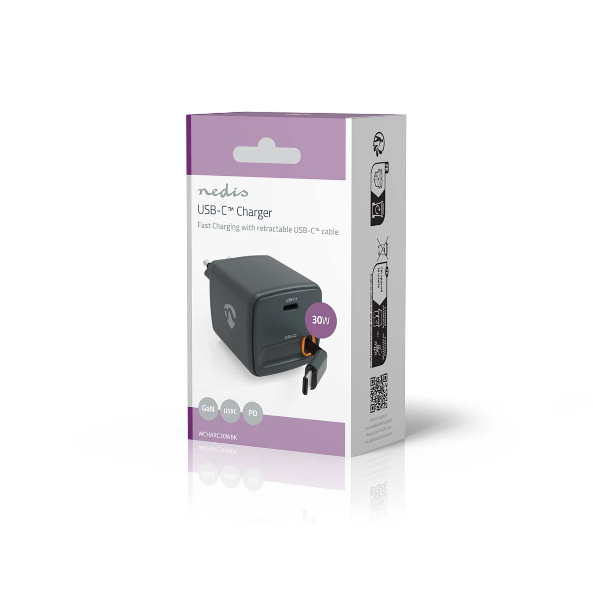 Oplader | Met intrekbare kabel | 30 W | GaN | PD3.0 30W | 1.5 / 2.0 / 2.5 / 3.0 A | Outputs: 1 | USB-C™ | USB-C™ intrekbare kabel | 0.75 m | Automatische Voltage Selectie | Zwart - Afbeelding 6