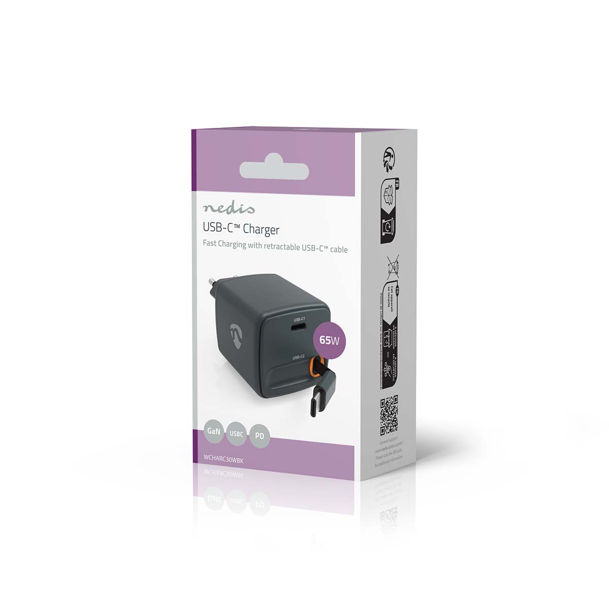 Oplader | Met intrekbare kabel | 65 W | GaN | PD3.0 30W | 3.0 / 3.25 A | Outputs: 1 | USB-C™ | USB-C™ intrekbare kabel | 0.75 m | Automatische Voltage Selectie | Zwart - Afbeelding 5