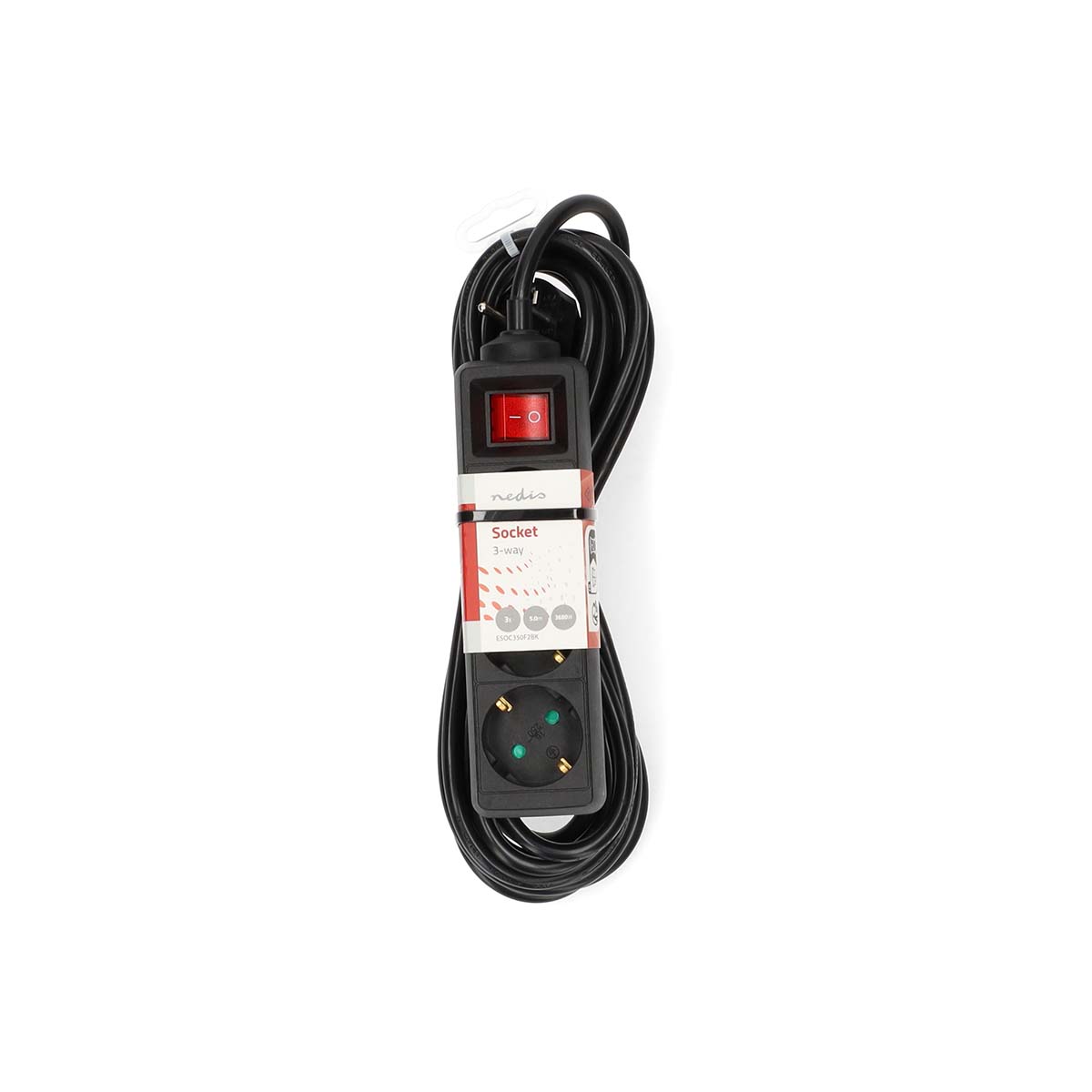 Stekkerdoos | Randaarde stekker / Type F (CEE 7/7) | 3-wegs | 5.00 m | 3680 W | 16 A | Soort aarding: Zijcontacten | 230 V AC 50/60 Hz | Hoek van stopcontact: 45 ° | H05VV-F 3G 1,5 mm² | Aan/uit knop | Zwart - Afbeelding 2