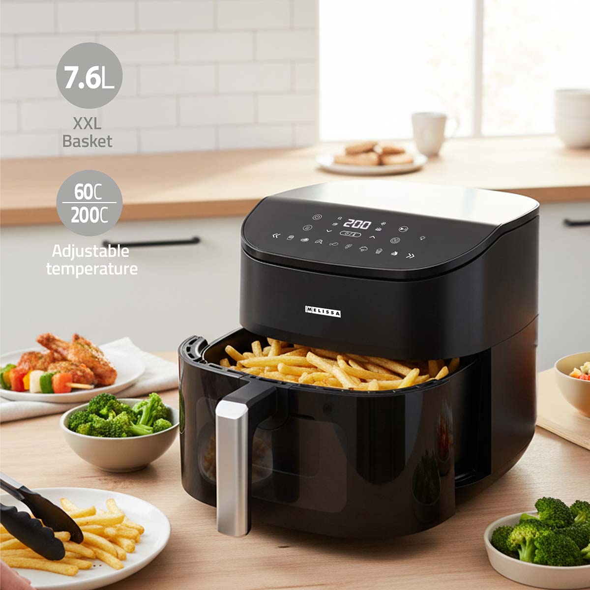 Digitale heteluchtfriteuse XXL | 7,6 l | 60-min Timer | 8 Voorkeuzestanden | Kijkvenster | Voorverwarmen/Warmhouden/schudherinnering | Zwart - Afbeelding 9