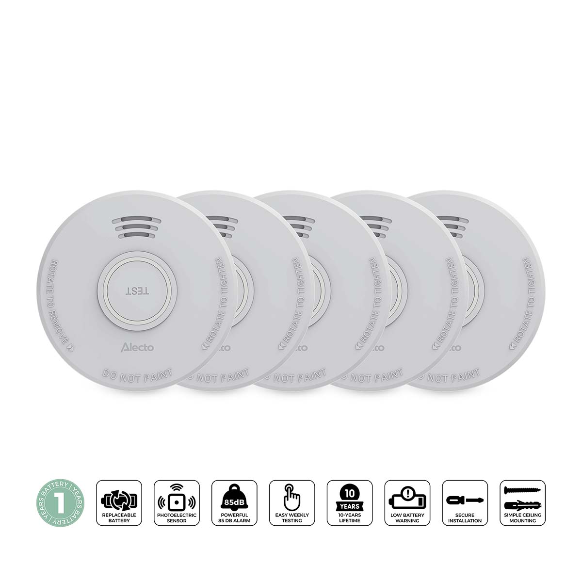 Stand-alone rookmelder met 1 jaar batterij 5 stuks