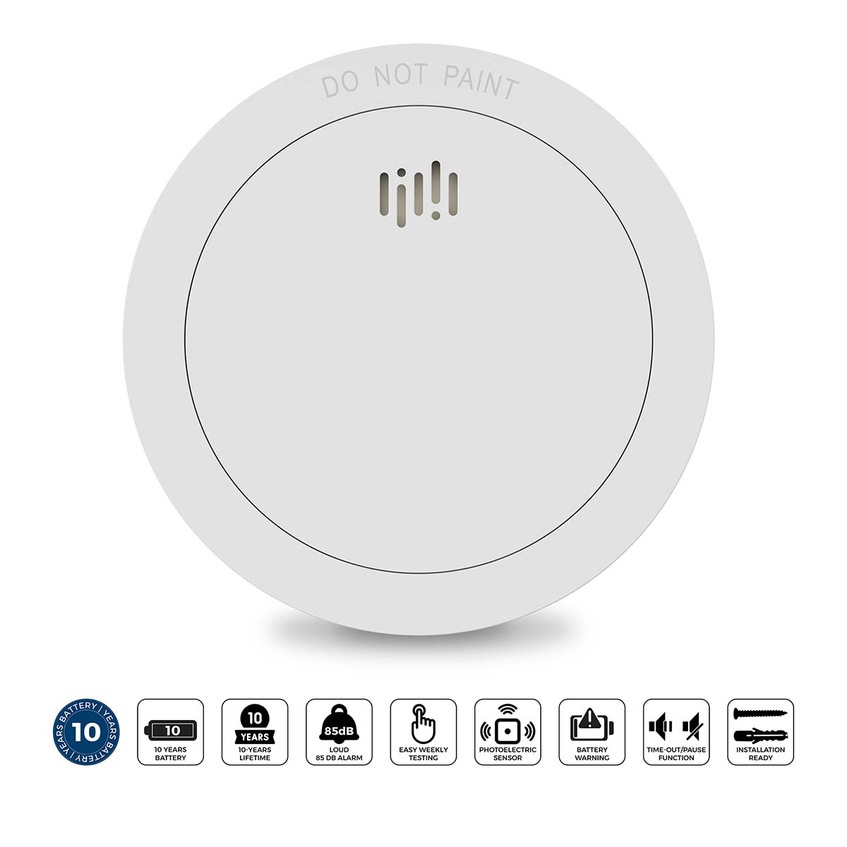 Smoke detector with 10 years battery and sensor runtime White