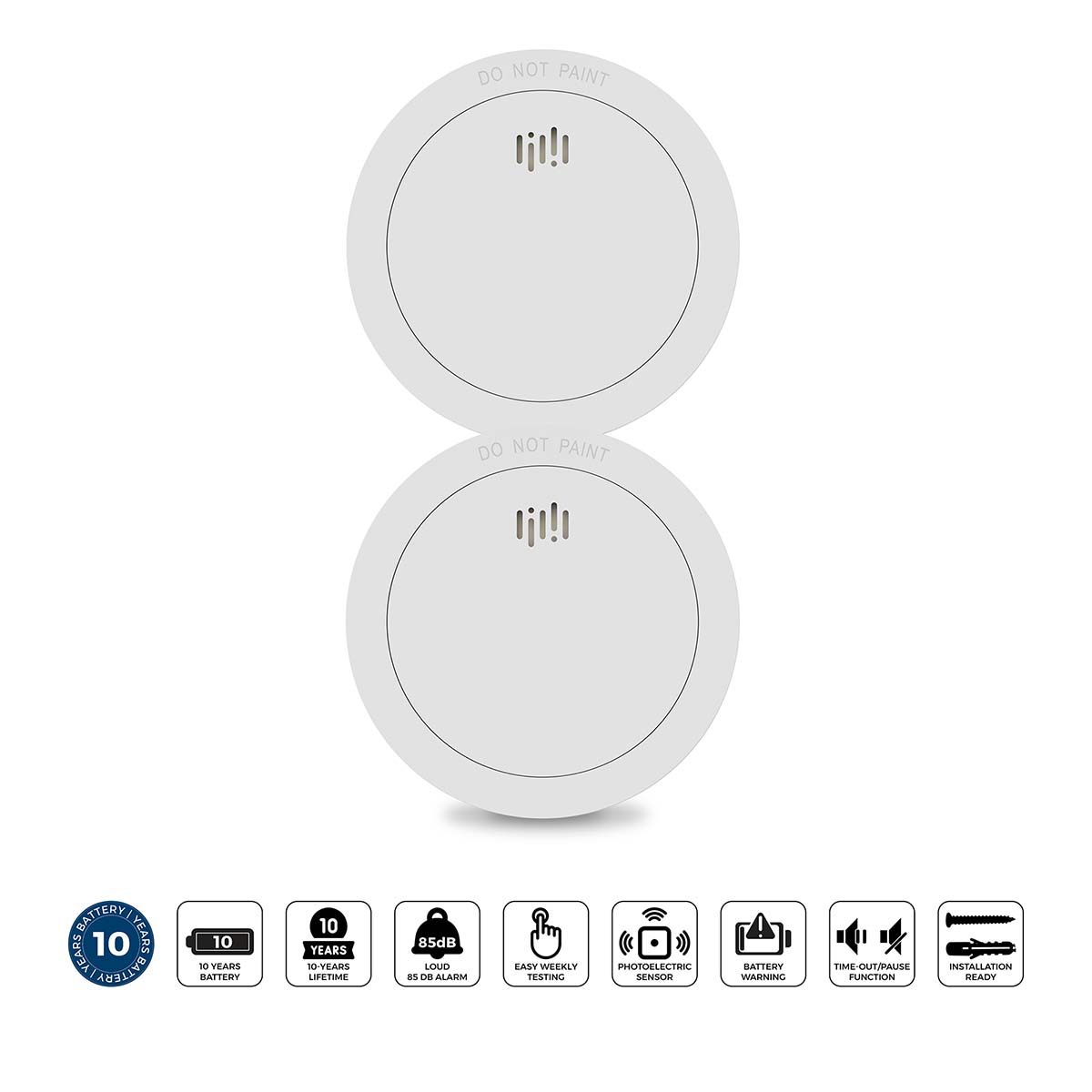 2x Smoke detector with 10 years battery and sensor runtime White