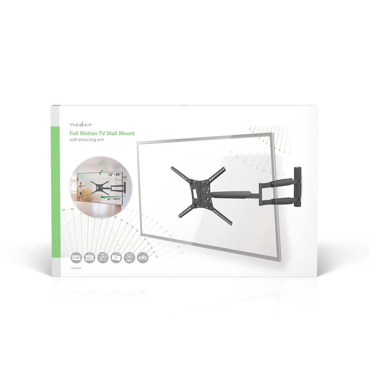 Draai- en Kantelbare TV-Muurbeugel | 13 - 86 " | Maximaal schermgewicht: 60 kg | Kantelbaar | Draaibaar | Minimale muurafstand: 70 mm | Maximale muurafstand: 1020 mm | 3 Draaipunt(en) | ABS / Staal | Zwart - Afbeelding 7