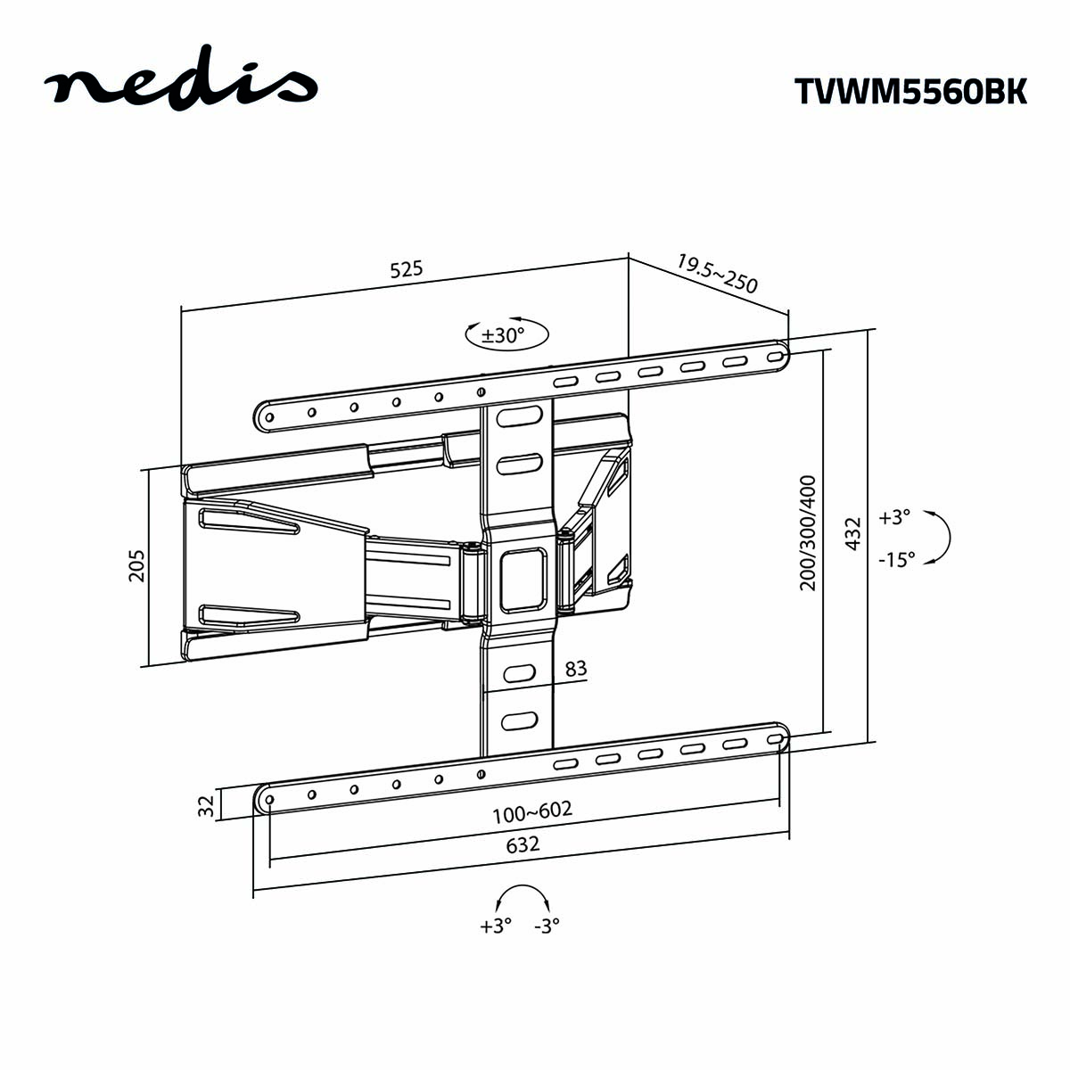 Draai- en Kantelbare TV-Muurbeugel | 43 - 90 " | Maximaal schermgewicht: 50 kg | Kantelbaar | Draaibaar | Minimale muurafstand: 19.6 mm | 2 Draaipunt(en) | ABS / Metaal | Zwart - Afbeelding 14