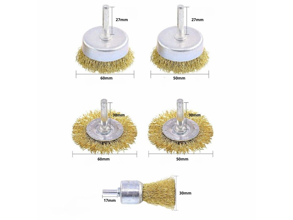 Set Staalborstels voor Boormachine โ Schijf-, Kom- en Cilindervorm โ Messing Gecoat - Afbeelding 4